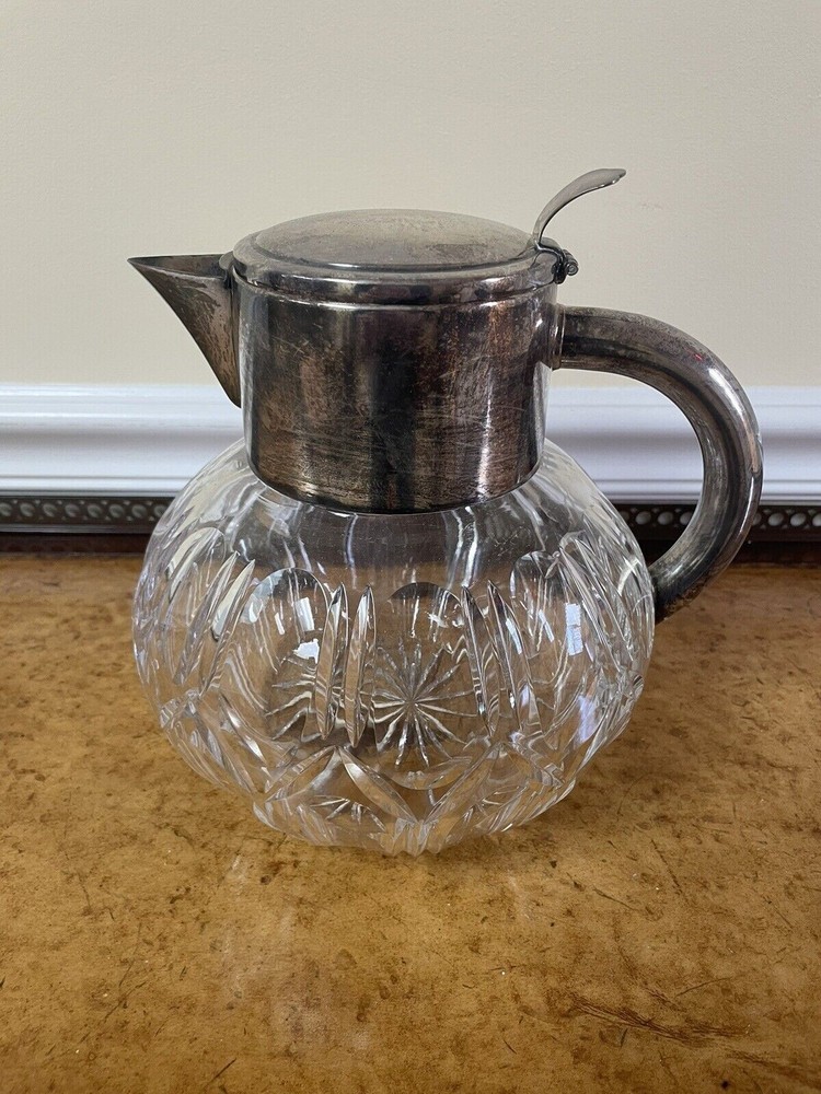 Antique Cut Glass Silver Plate Pitcher 9” Tall