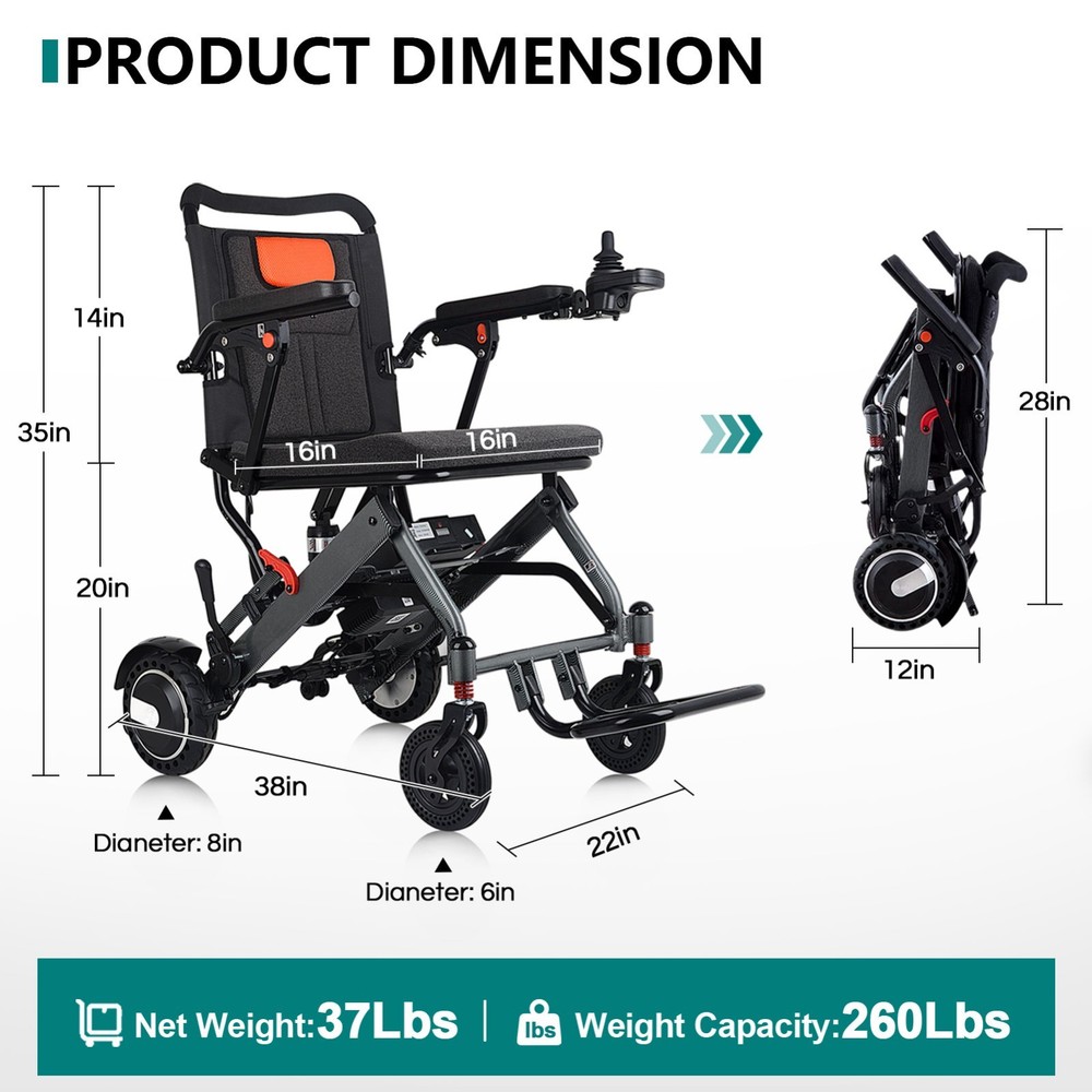 Compact Foldable E-Wheelchair:20-Mile Range|250W Efficient Motor | 12Ah Battery