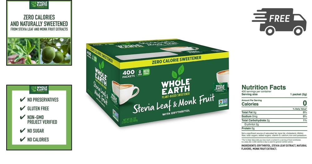 Sweetener Packets Stevia Monk Fruit Zero Calories Sugar Substitute