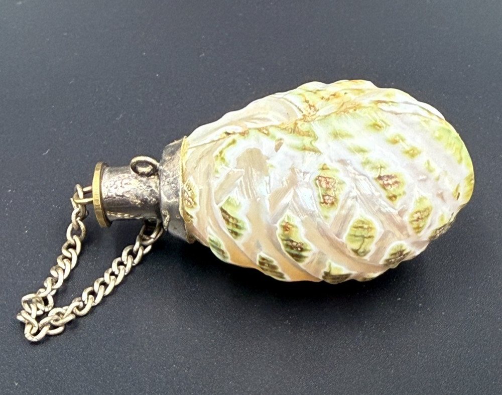 Antique Shell Perfume Bottle white metal Lid