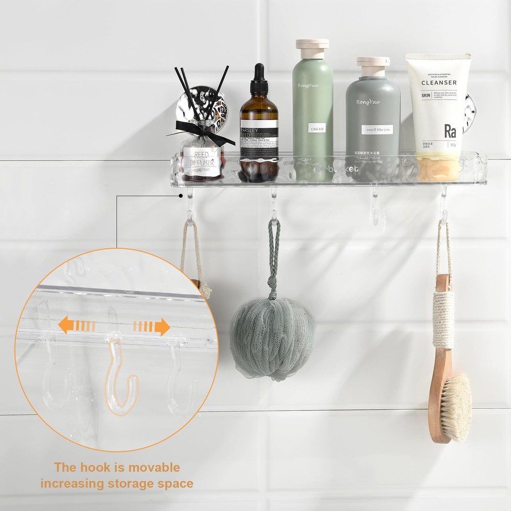 Suction Shower Organizer, No Drill Bath Rack, 4 Adjustable Hooks, Clear