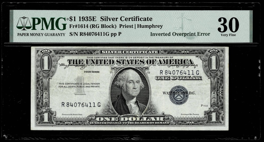 (2) INVERTED OVERPRINT ERROR 1935E Silver Certificate Note PMG VF30 35