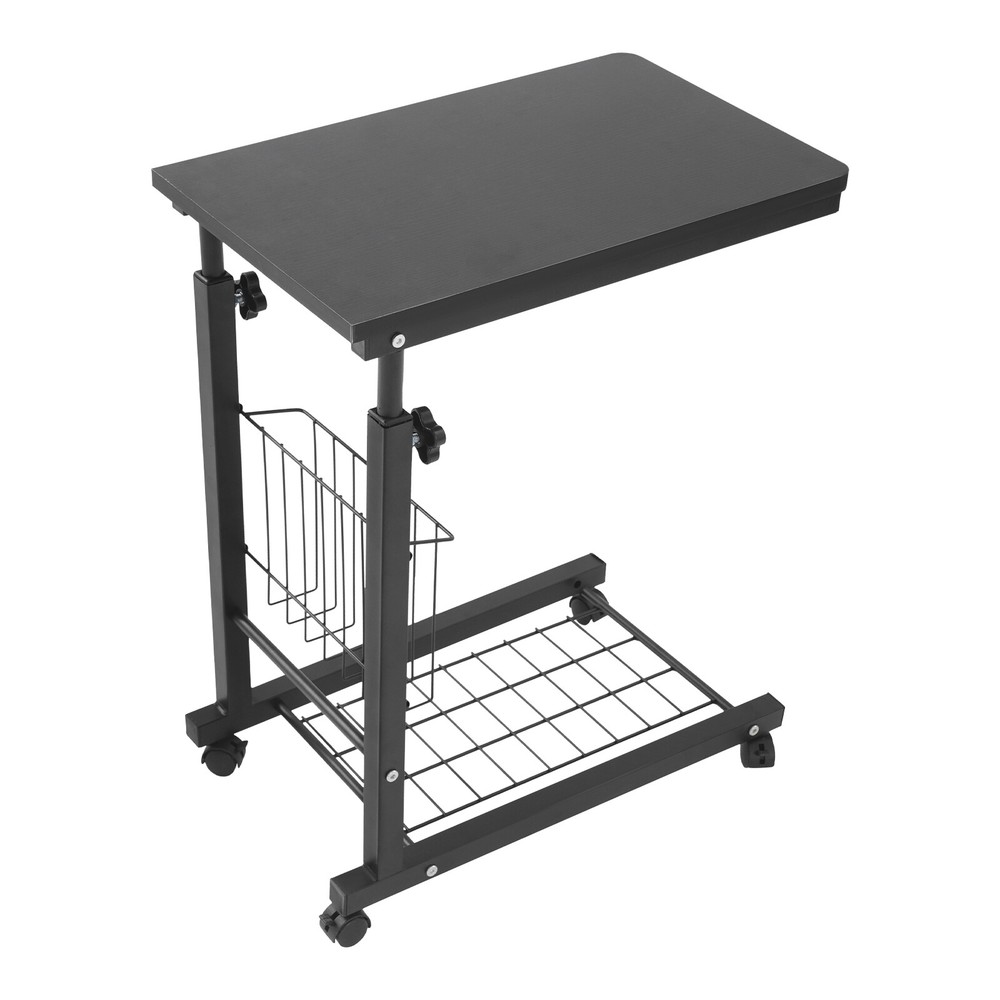 2 Tiers Adjustable Bed Side Table Thickened Mobile Standalone Table w/ Wheels