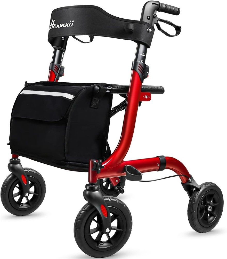 Henmnii Foldable Rollator Walker for Seniors – Lightweight, All-Terrain, Red