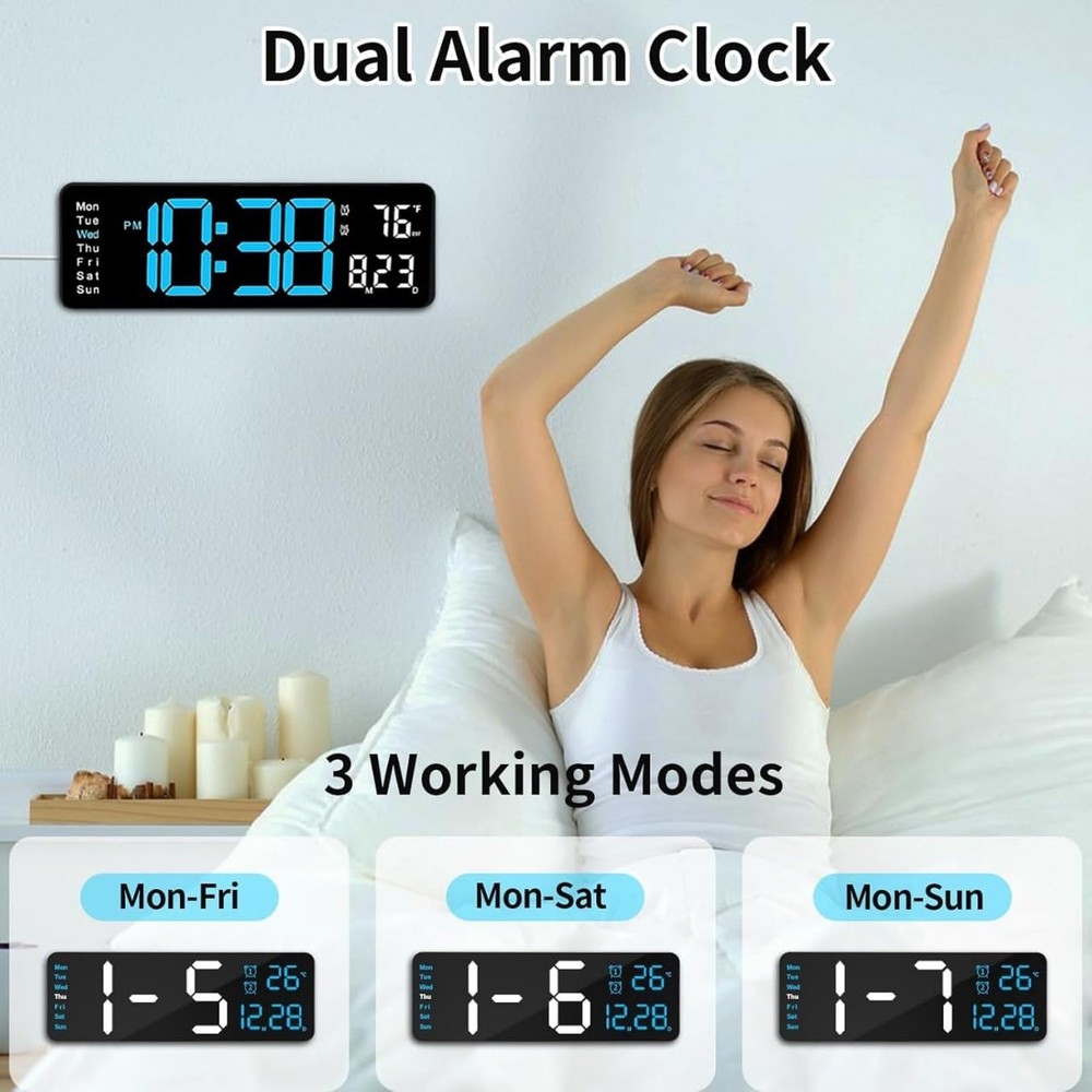 Large LED Digital Wall Clock 16.5” with Auto Brightness, RGB Backlight, Du