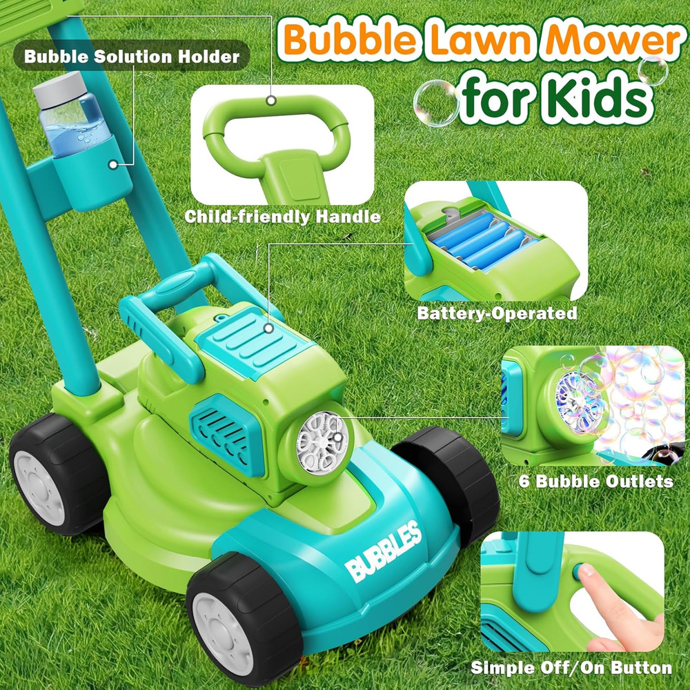 Bubble Lawn Mower for Kids, 3-In-1 Bubble Machine Blower with 10 Bubble Solution