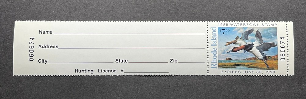 1989 RHODE ISLAND - LotP - State Duck Stamp - Mint OG NH **HUNTER TYPE**