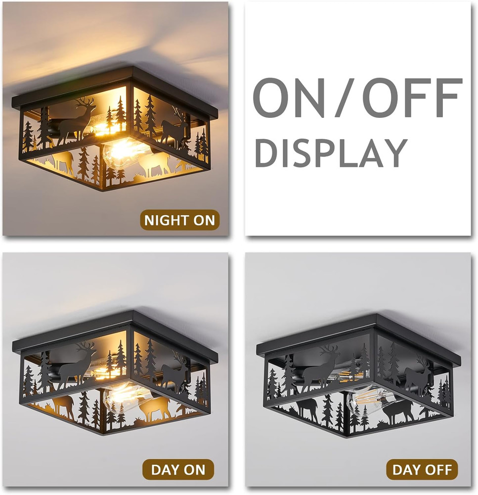 Rustic Deer Ceiling Light Fixtures, 2 Light E26 Farmhouse Metal Cage Flush Mount