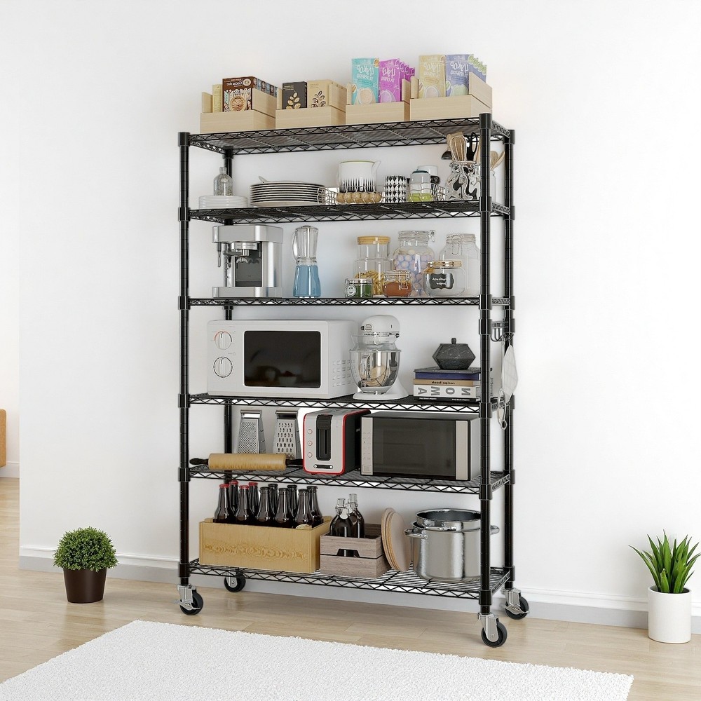 6-Tier Rolling Wire Shelving Unit - Heavy Duty, Adjustable, Hooks & Black
