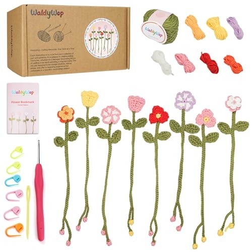 Crochet Kit for Beginners - 8 Flower Bookmarks, Video Tutorials, Soft Yarn & Hoo
