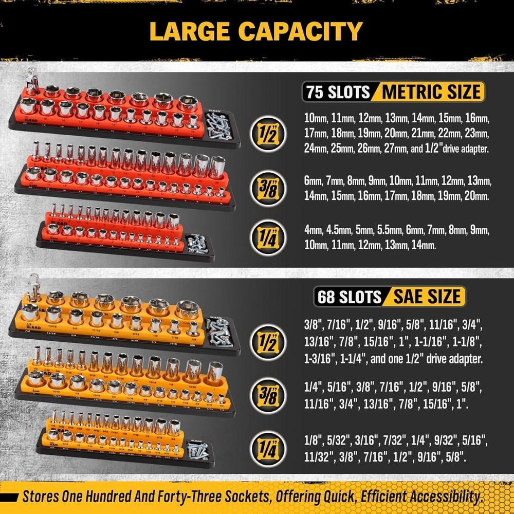 Magnetic Socket Organizer Holder Set For Tool Box Drawer, Wrench Organization