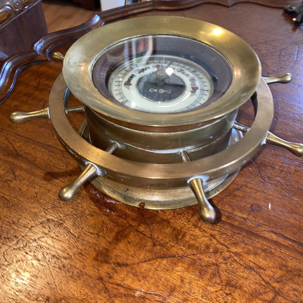 Antique Ship Clock Converted Into Brass Ship Wheel Barometer