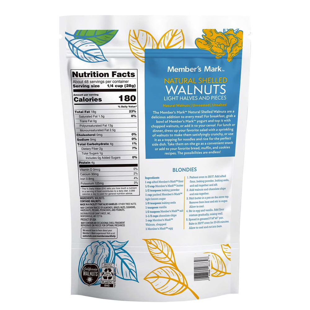 Member's Mark Natural Shelled Walnuts, 3 lbs Bulk Pack Fresh Nuts