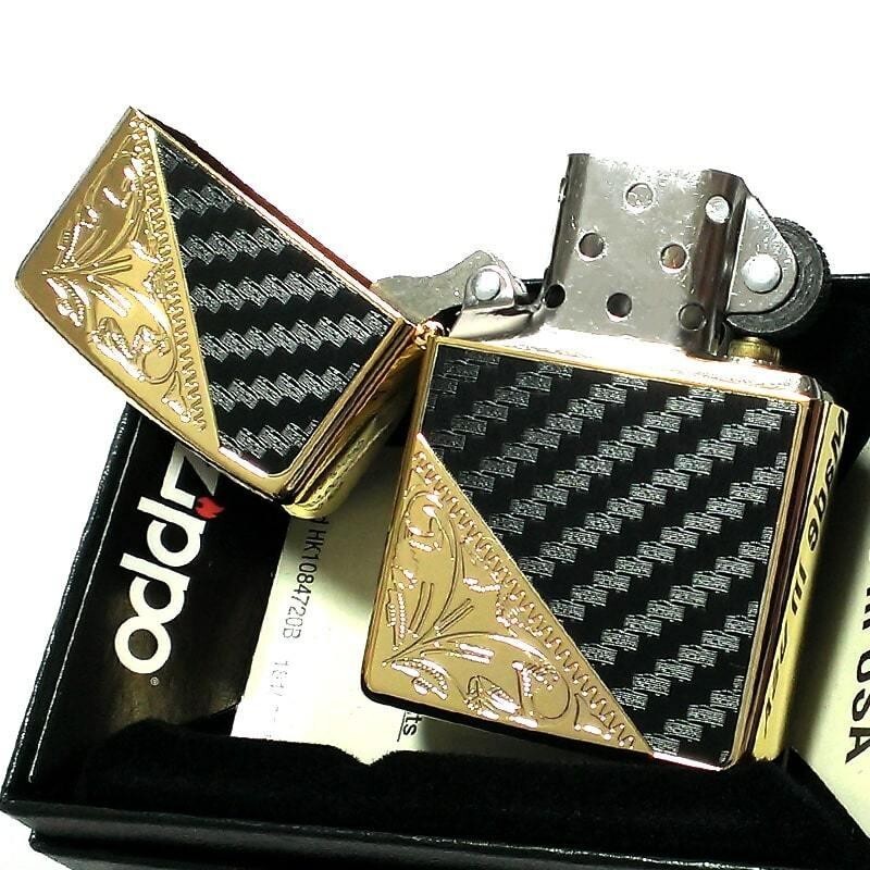 Zippo lighter Black Carbon Gold Etching Engraving 2 Sided Processing Regular