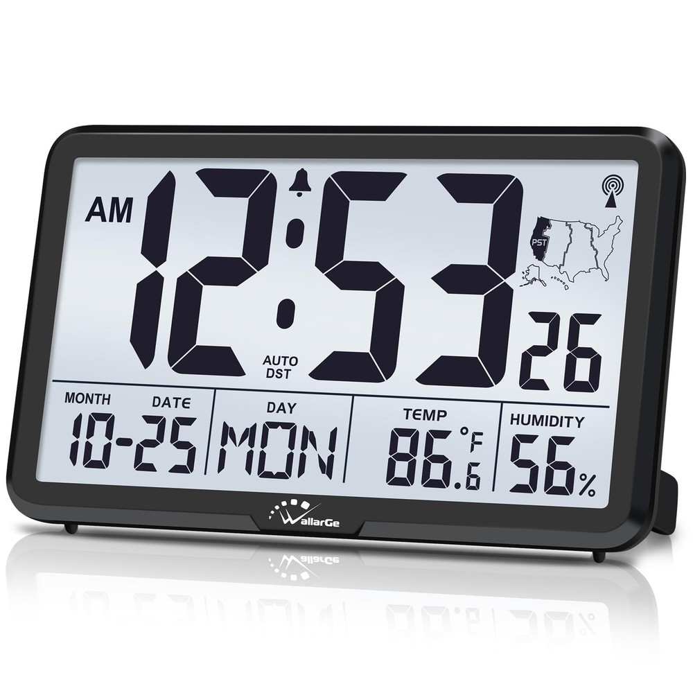 WallarGe Atomic Wall Clock with Backlight, Digital Large, Black