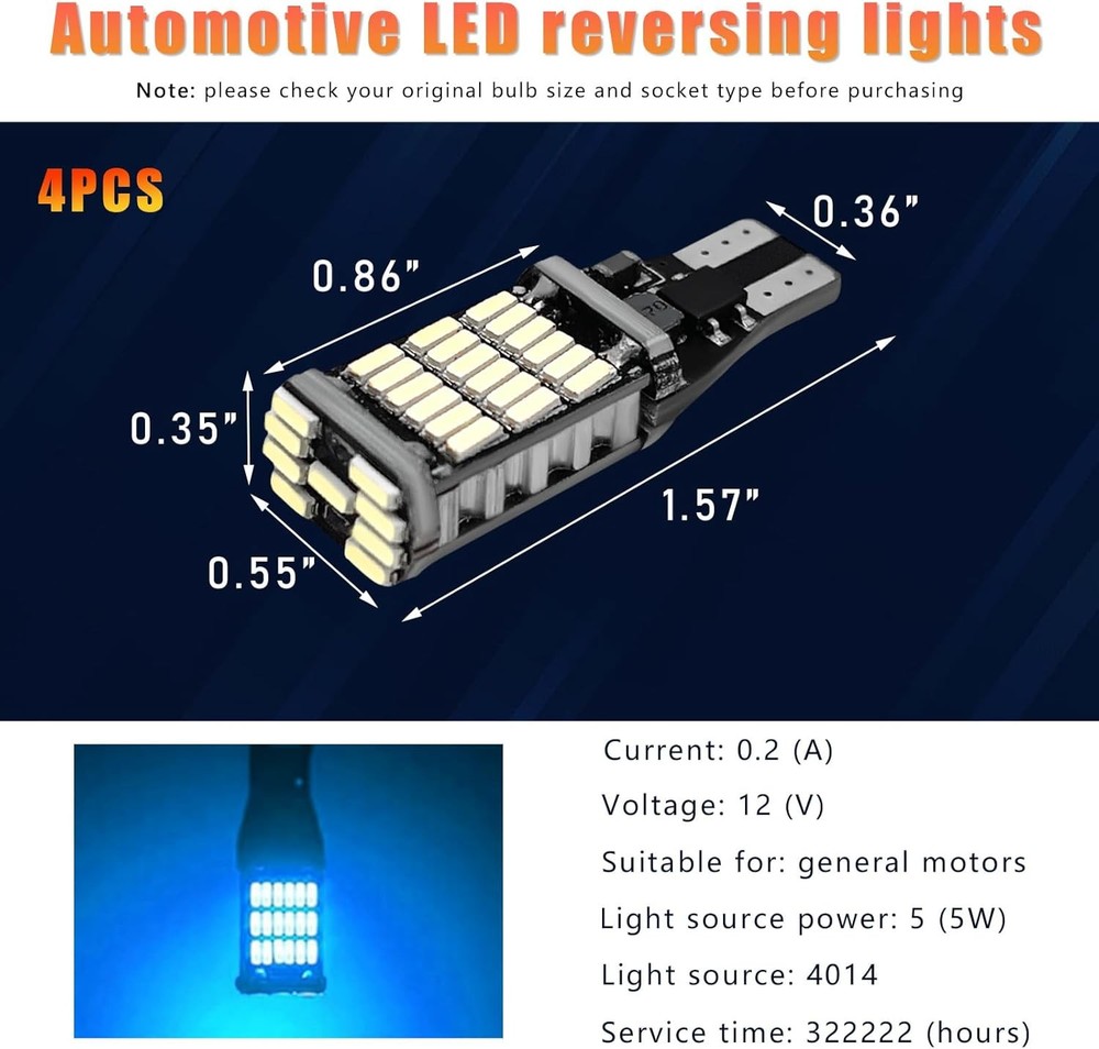 4 PCS LED Reverse Lights, 6500K Super Brightness 45SMD-4014 Chipsets-Ice Blue