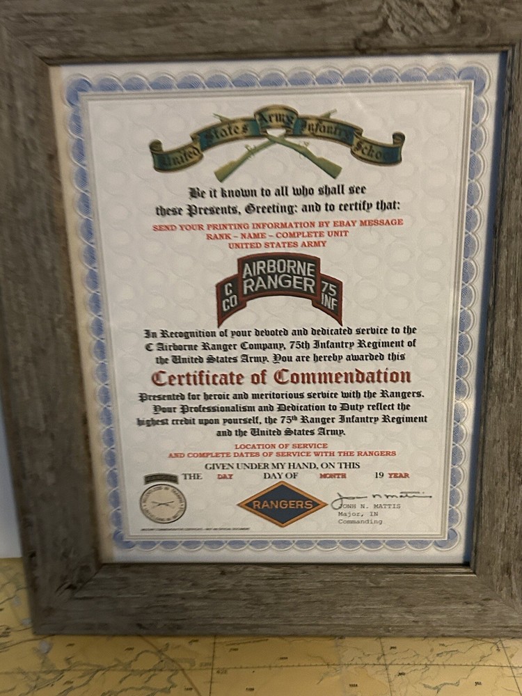 U.S. ARMY RANGER - C CO / 75 INFANTRY COMMENDATION CERTIFICATE (COMMEMORATIVE)