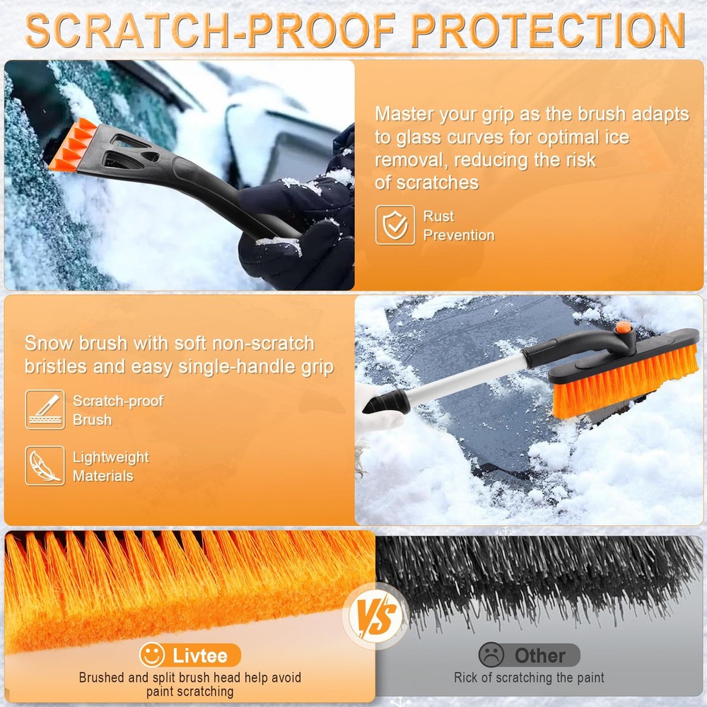 Ice Scraper & Snow Brush 32 Extendable 360 Rotating Orange LivTee Windshield
