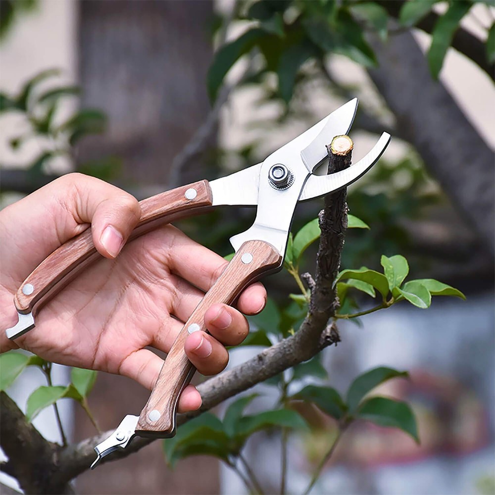 BUGUI 8” Wood Handle Garden Scissors, Set of 2, Includes Bypass Pruning