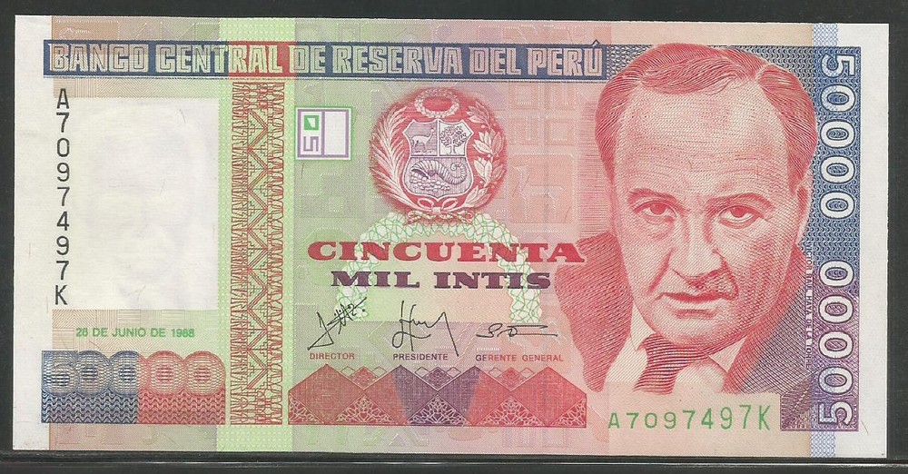 Peru P-142 50,000 Intis 1988 Unc