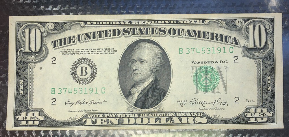 1950-A $10 Misalignment Error! S/N B37453191C Excellent Condition!