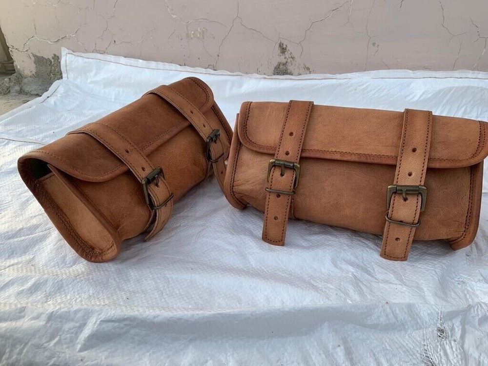 Bag Tool Motorcycle Leather Brown Saddle Pouch Luggage Side Fork Storage Front