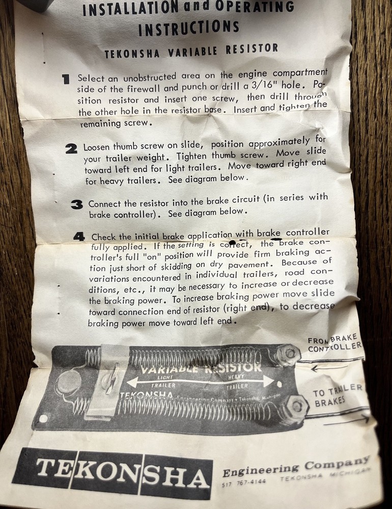 Tekonsha variable resistor fingertip adjustment No.2012 do not know if it work