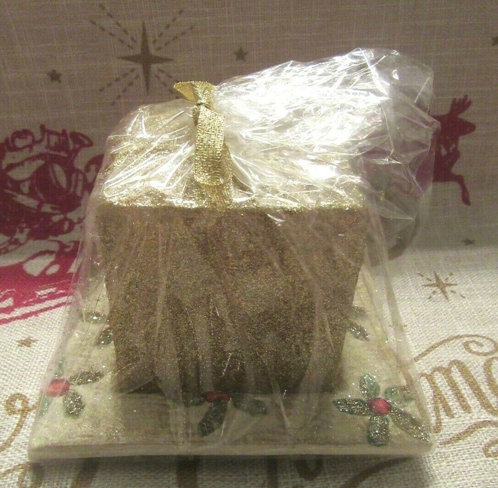 NIP Gold Glitter 3" Square Gift Box Candle with Ceramic Flowered Base/ Holder