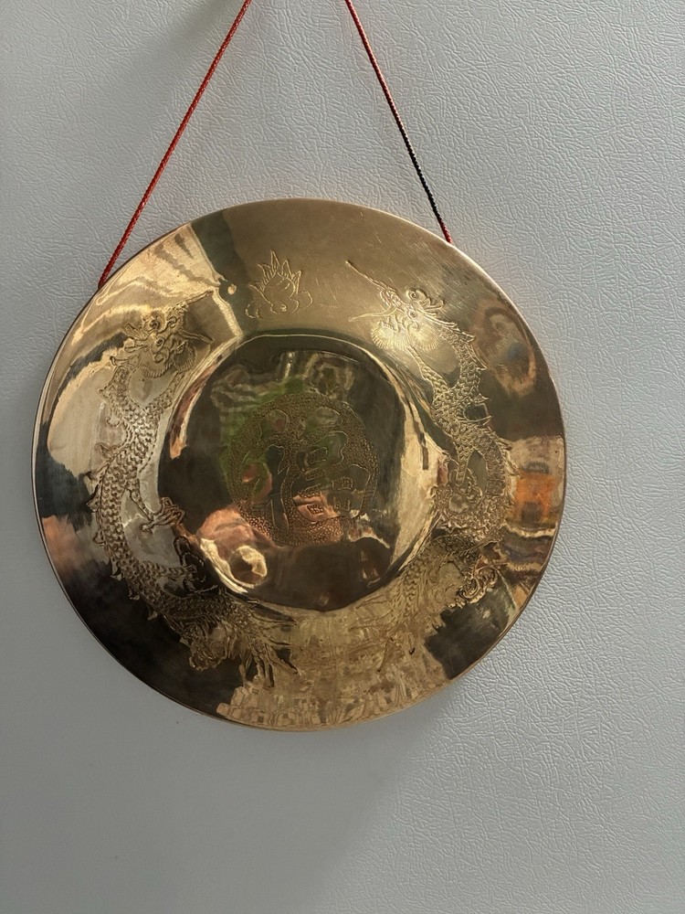 Vintage Brass Gong Dragons 12” Wall Decor