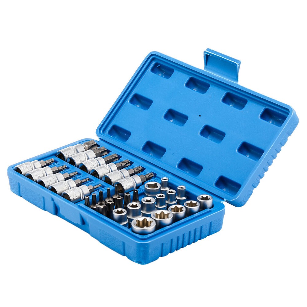 NEW 34pcs Torx Star Sockets & Bit Set Male Female E-torx Security Bits 3/8 Dzloo