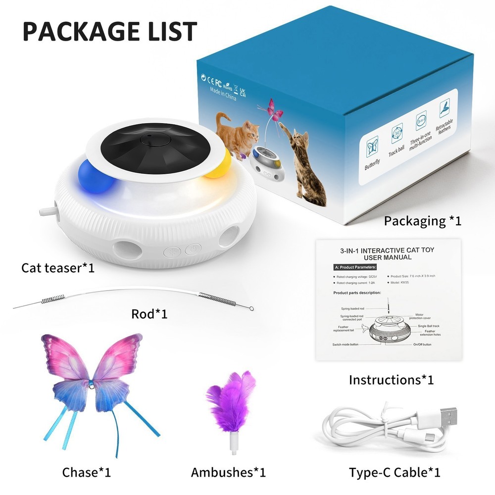 USB Cat Toy, 3-in-1 Automatic Interactive Electronic Moving Ambush Feather Toy