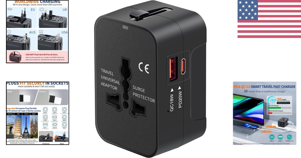 Universal Travel Adapter USB-C with Fast Charge PD3.0 - Compact & Lightweight