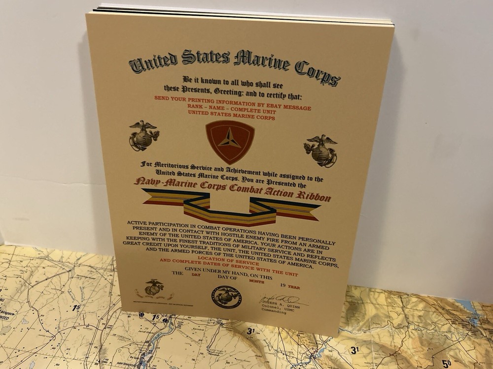 U.S.M.C. / 3RD MARINE DIVISION - COMBAT ACTION RIBBON COMMEMORATIVE CERTIFICATE
