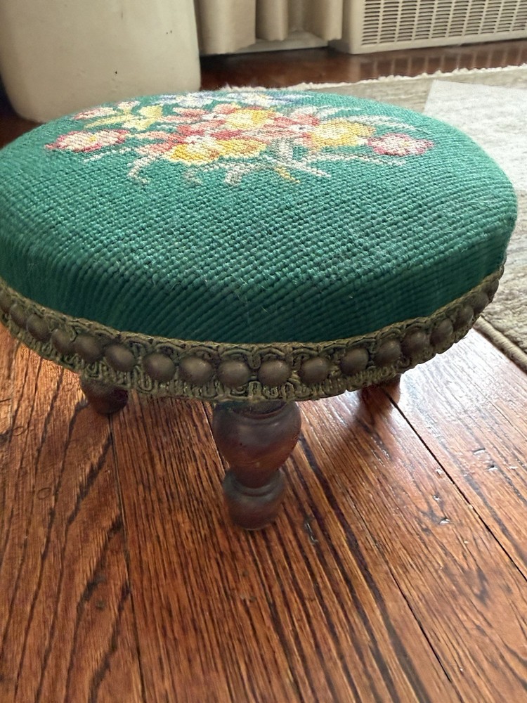 Antique Needlepoint  Round Footstool with Floral Pattern