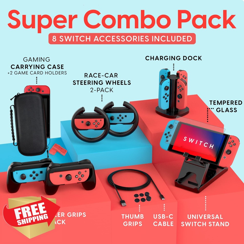 TalkWorks Switch Accessories Combo Pack: Grips, Wheels, Card Holders, Dock