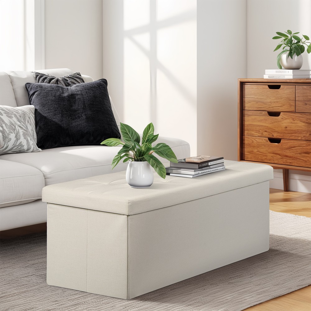 Durable 43" Storage Ottoman Bench Storage Stools Footrest Beige Footstools
