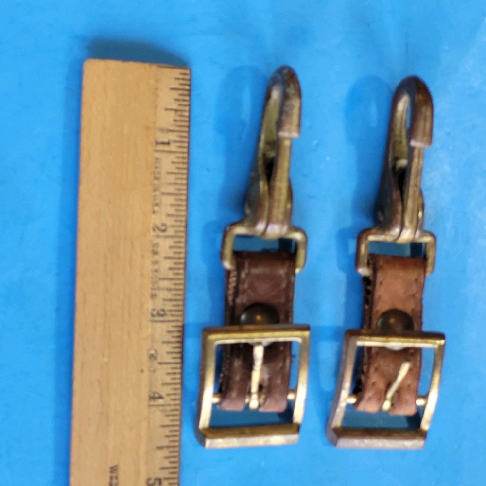 Two Vintage Brass Spring Lock Hook Snaps With Leather Strap & Brass Buckles