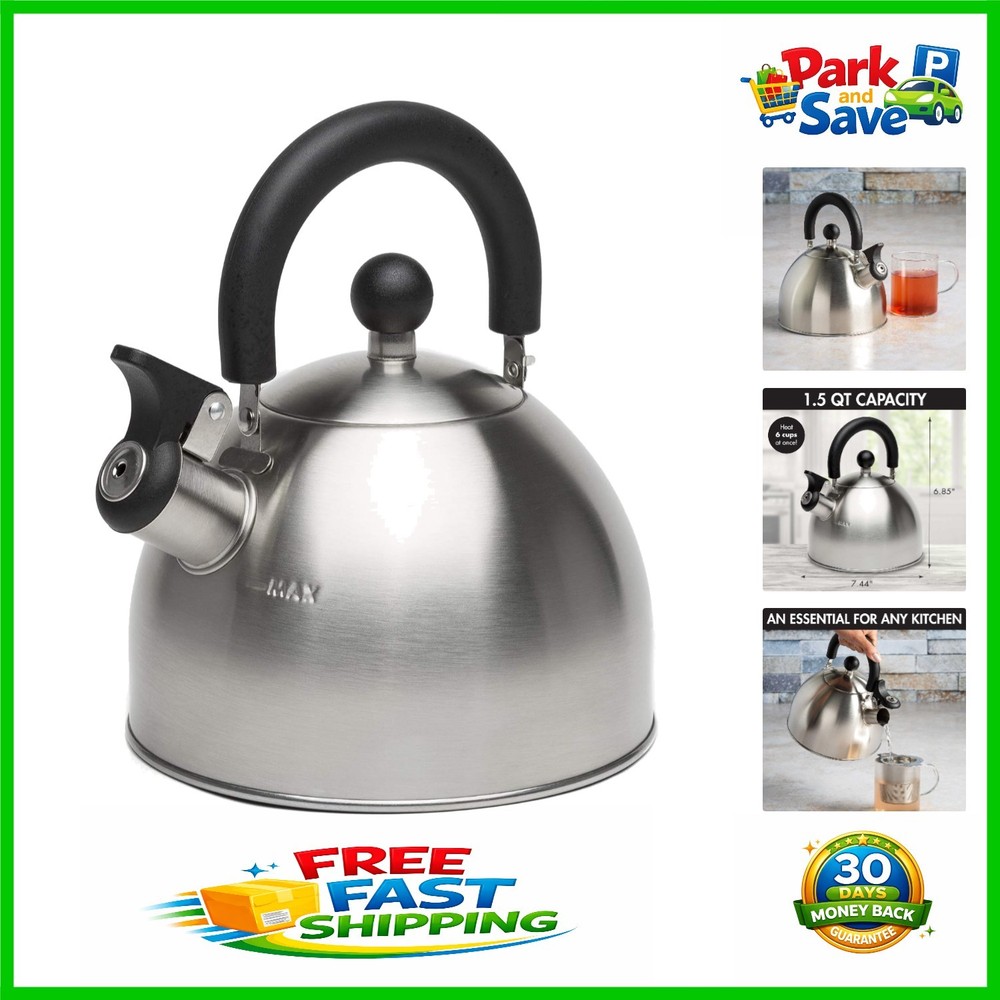 Elegant 1.5-Qt Stainless Steel Tea Kettle with Cool Touch Folding Handle