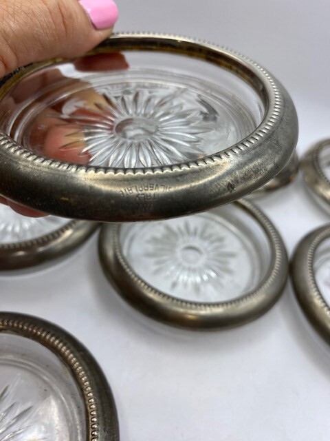 8 Italy Silverplate Glass Coaster Ves Blackington Pre Owned