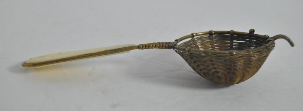 Vintage Tea Strainer Handwoven Brass White Handle Maple Leaf Design 6" by 2"