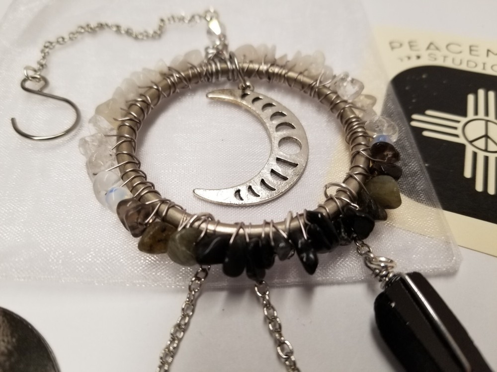 "Moon Phases" Quartz, Moonstone, Opalite, Labradorite, & Obsidian Dreamcatcher
