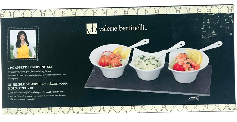 Valerie Bertinelli 7 Pc Appetiser Serving Set 3 Bowls & Spoons Slate