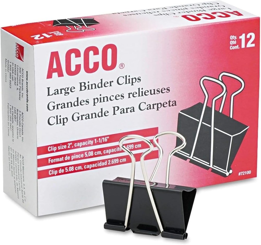 Binder Clips, Lar, 1 Box, 12 Clips/Box