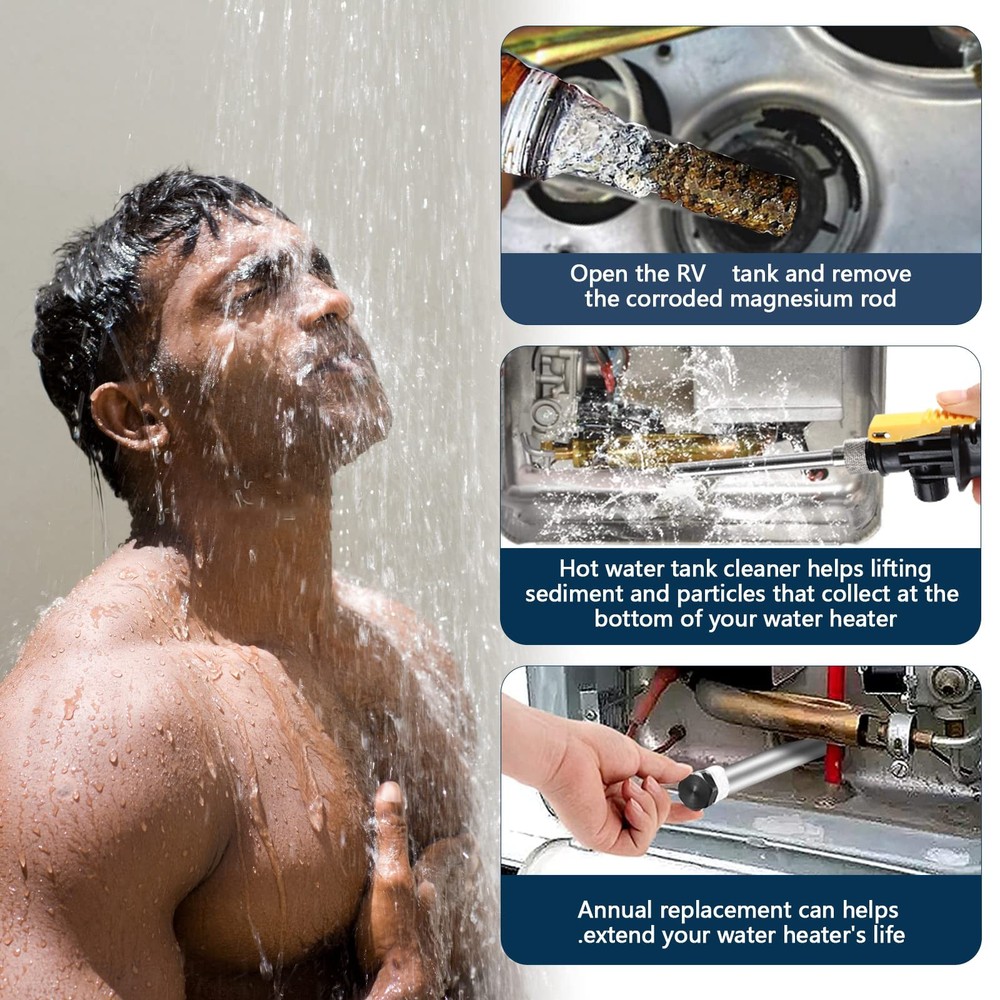 A-Silver - 2pcs Anode Rod & 1pc Flush Wand & Socket & Seal Tape