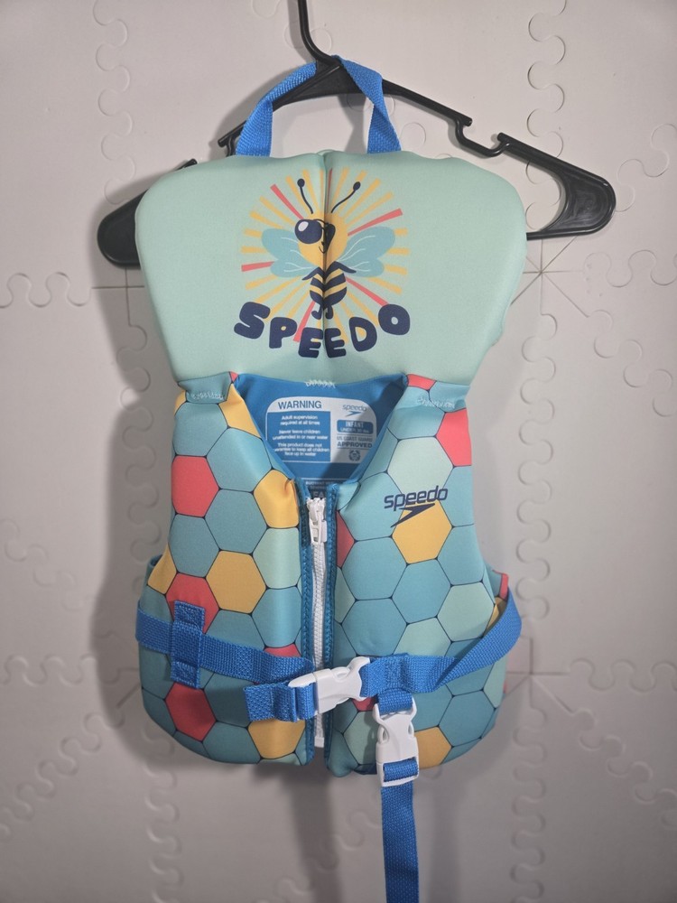Speedo Infant Life Jacket Flotation Vest Blue Multicolor Hex Pattern Zip Front