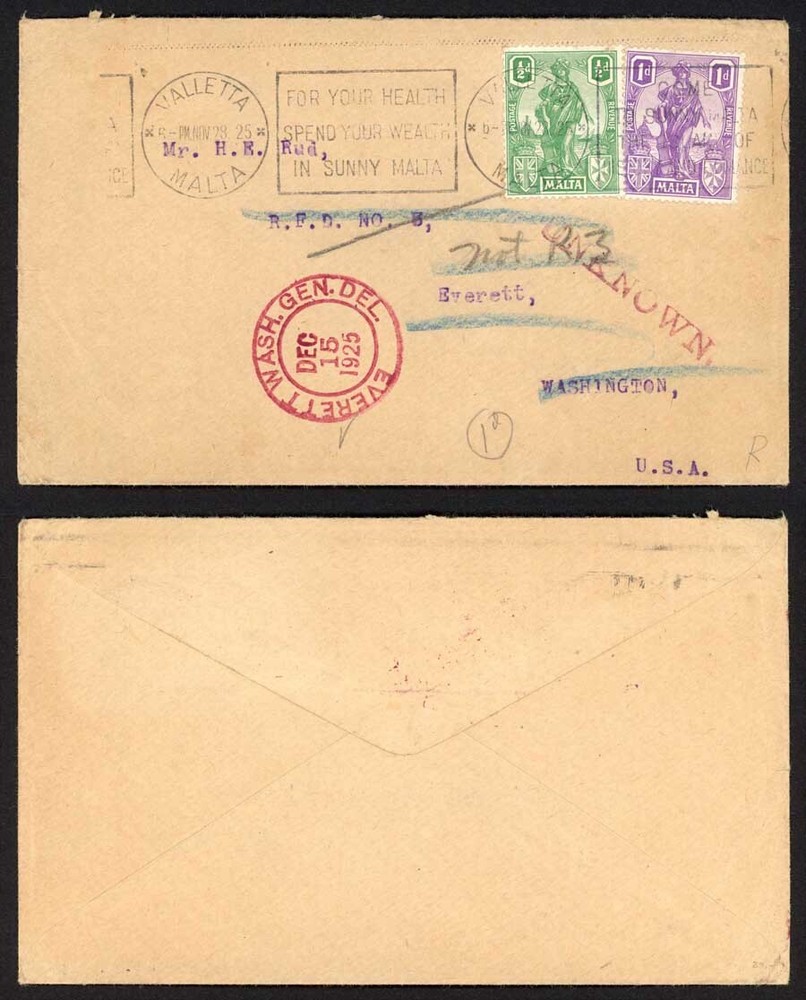 Malta 1925 Cover to Washington with Unknown handstamp
