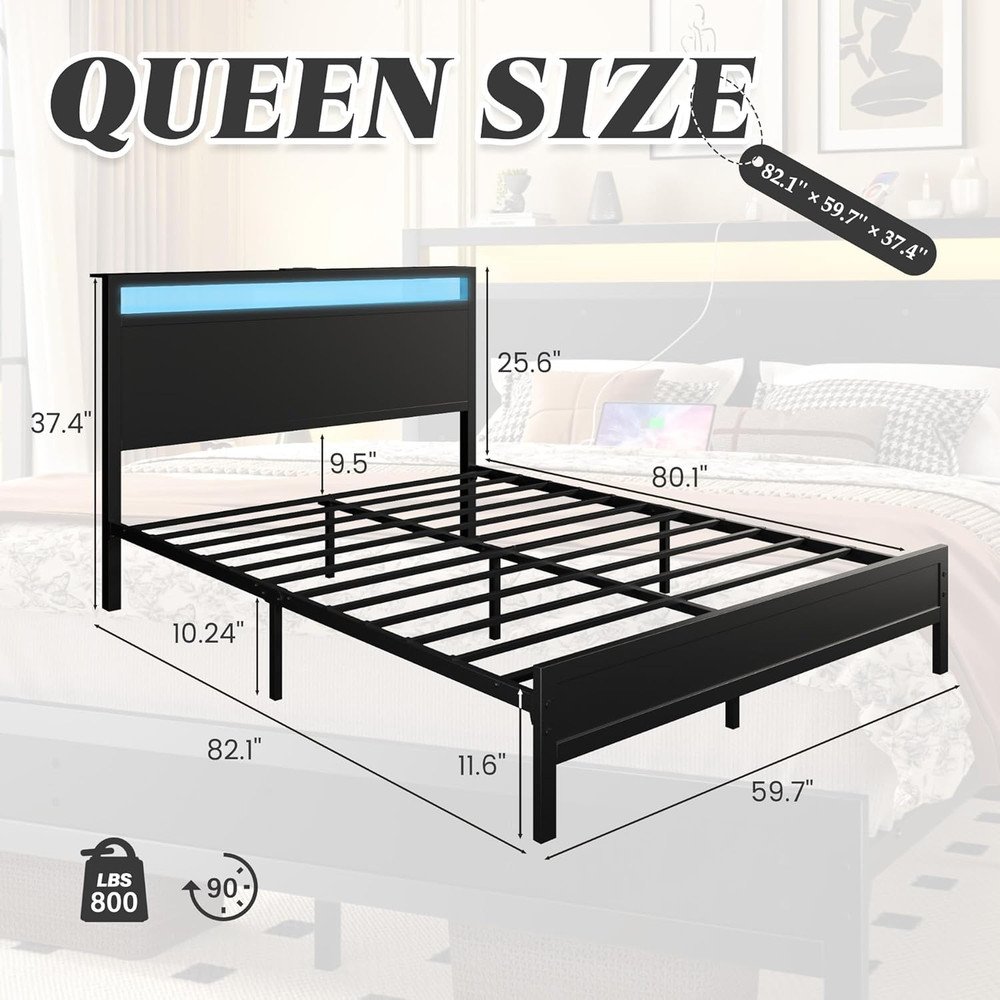Queen Bed Frame with Headboard & Footboard, Bed Frame with Built-In Charging Sta