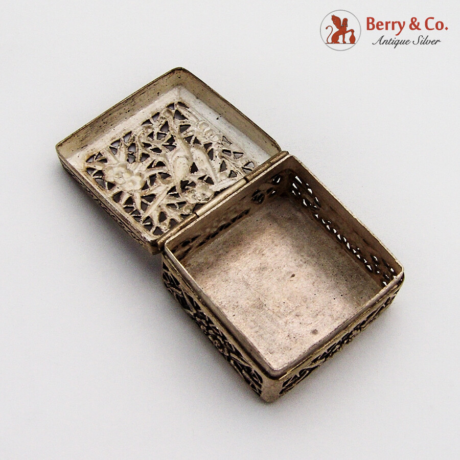 Openwork Floral Bird Pill Box Square Form Chinese Export Silver