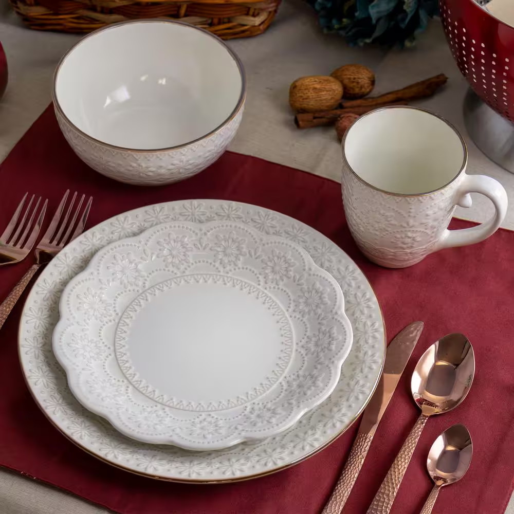 16-Piece Contessa Embossed Ivory Stoneware Dinnerware Set (Service for 4)