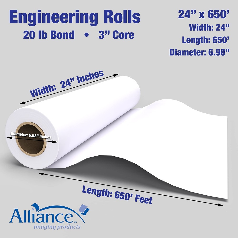 Wide Format Paper Rolls Bond Engineering (24 In x 650 Ft | 3" Core)